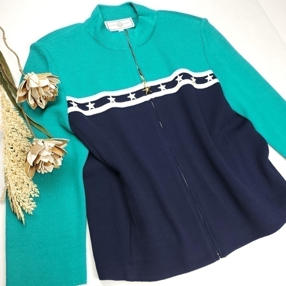 🔴 St. John Sport Marie Gray Navy Turquoise White Sweater Cardigan Blazer - Picture 6 of 13